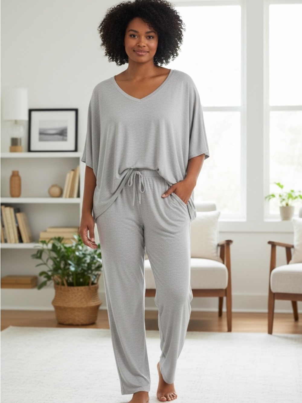 Relaxed V-Neck Drawstring Pantsuit - Light Gray